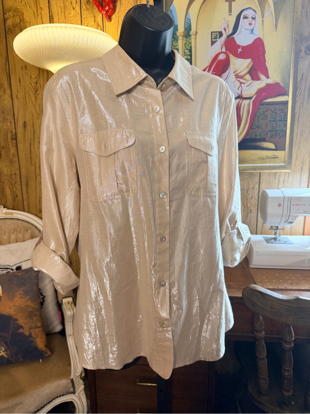 Ruby Rd. Shimmery Champagne Button-Down Blouse